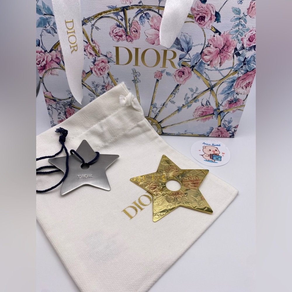 Dior gold tone  2022 Christmas star & silver Star charm with gift bag, d…